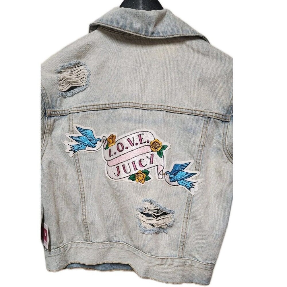 Juicy Couture Womens Y2K Denim Jean Jacket Cabana Wash Tattoo Patches Heart XS - Picture 9 of 16